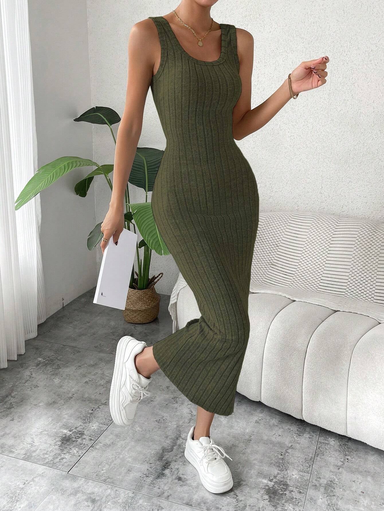 Breezaya Solid Ribbed Knit Tank Dress Maxi Vacation Beach Outfits Women