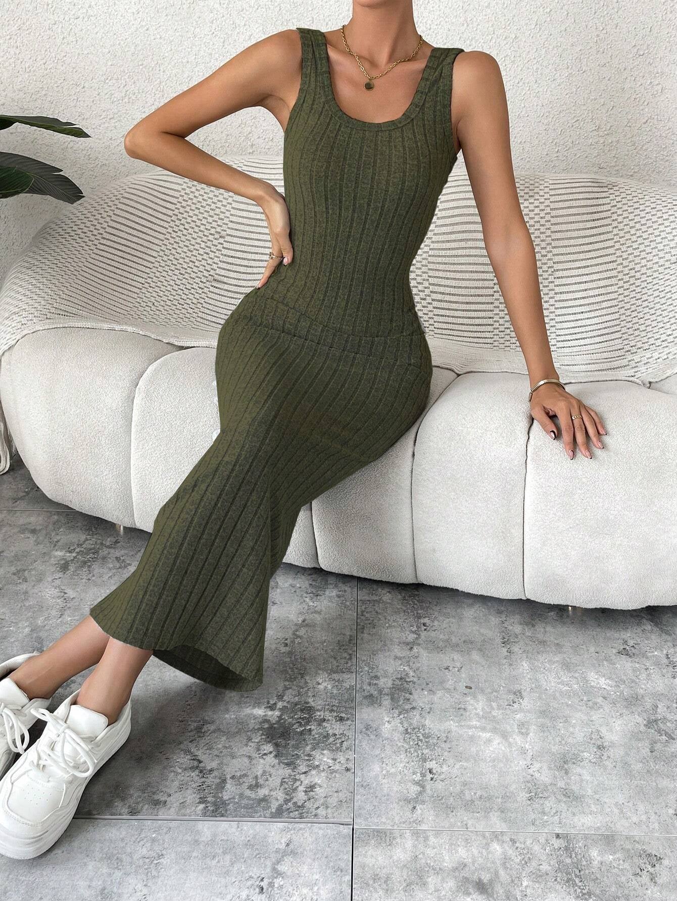 Breezaya Solid Ribbed Knit Tank Dress Maxi Vacation Beach Outfits Women