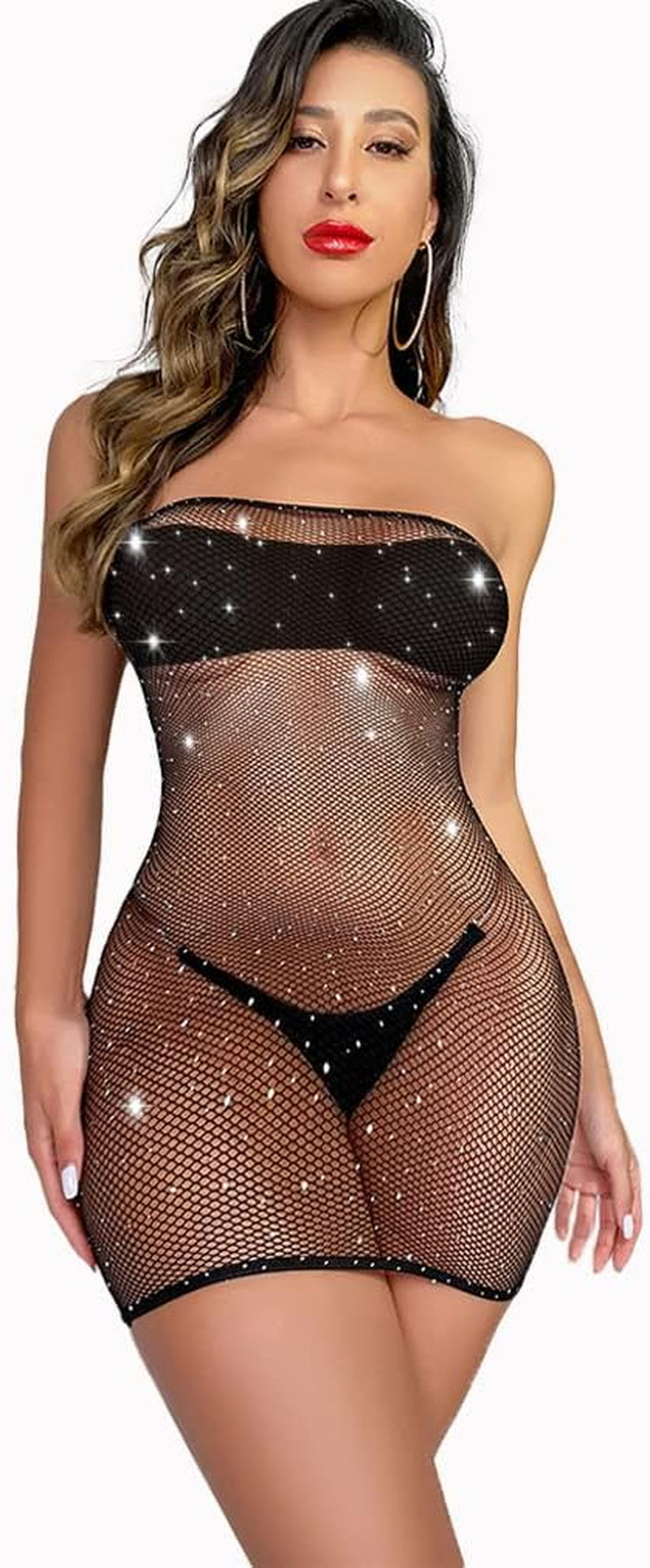 Women'S Sexy Fishnet Bodysuit Rhinestone Mesh Dress Hole Strap Stretch Chemise A-Black