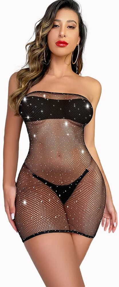 Women'S Sexy Fishnet Bodysuit Rhinestone Mesh Dress Hole Strap Stretch Chemise A-Black