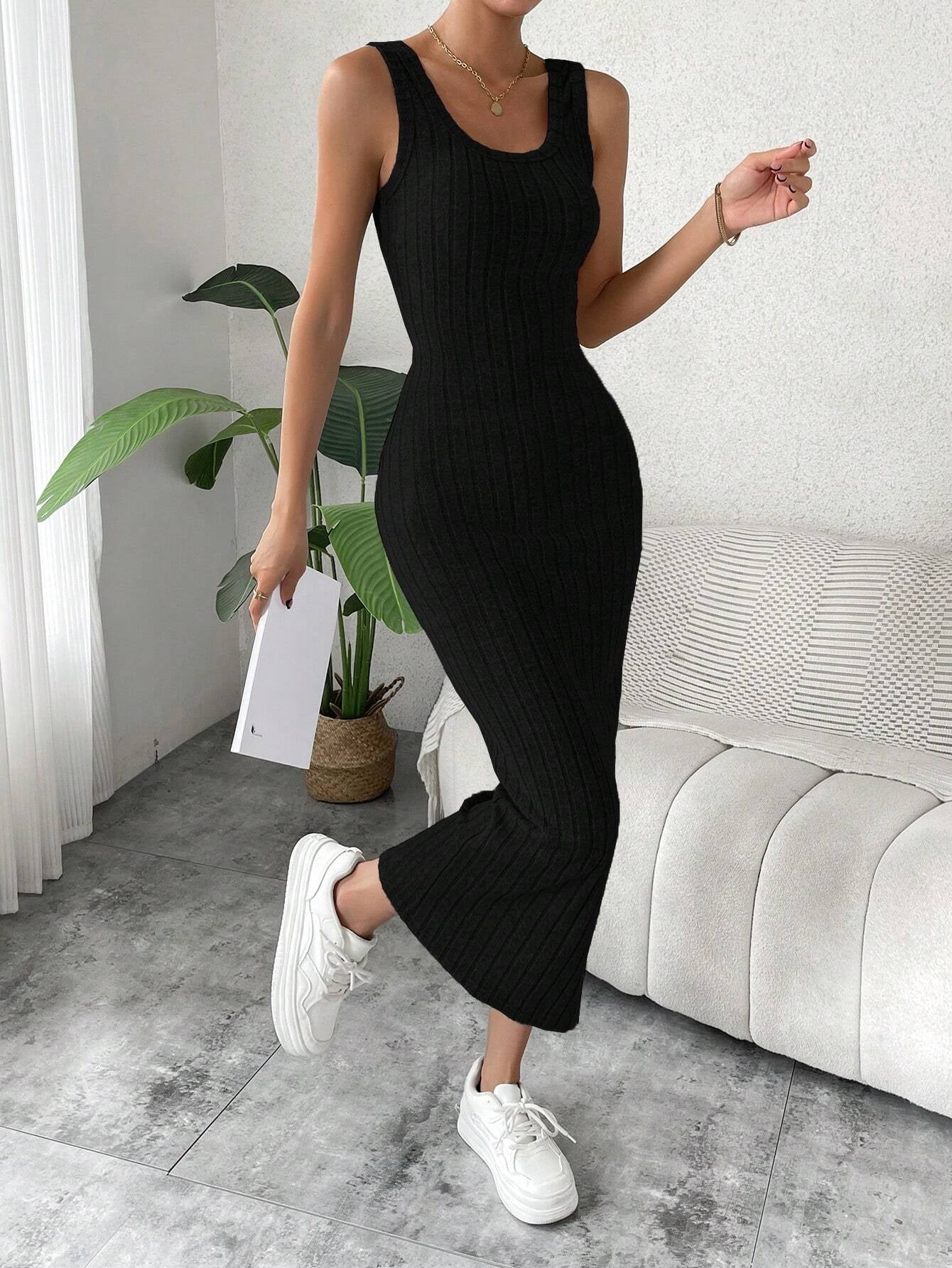 Breezaya Solid Ribbed Knit Tank Dress Maxi Vacation Beach Outfits Women