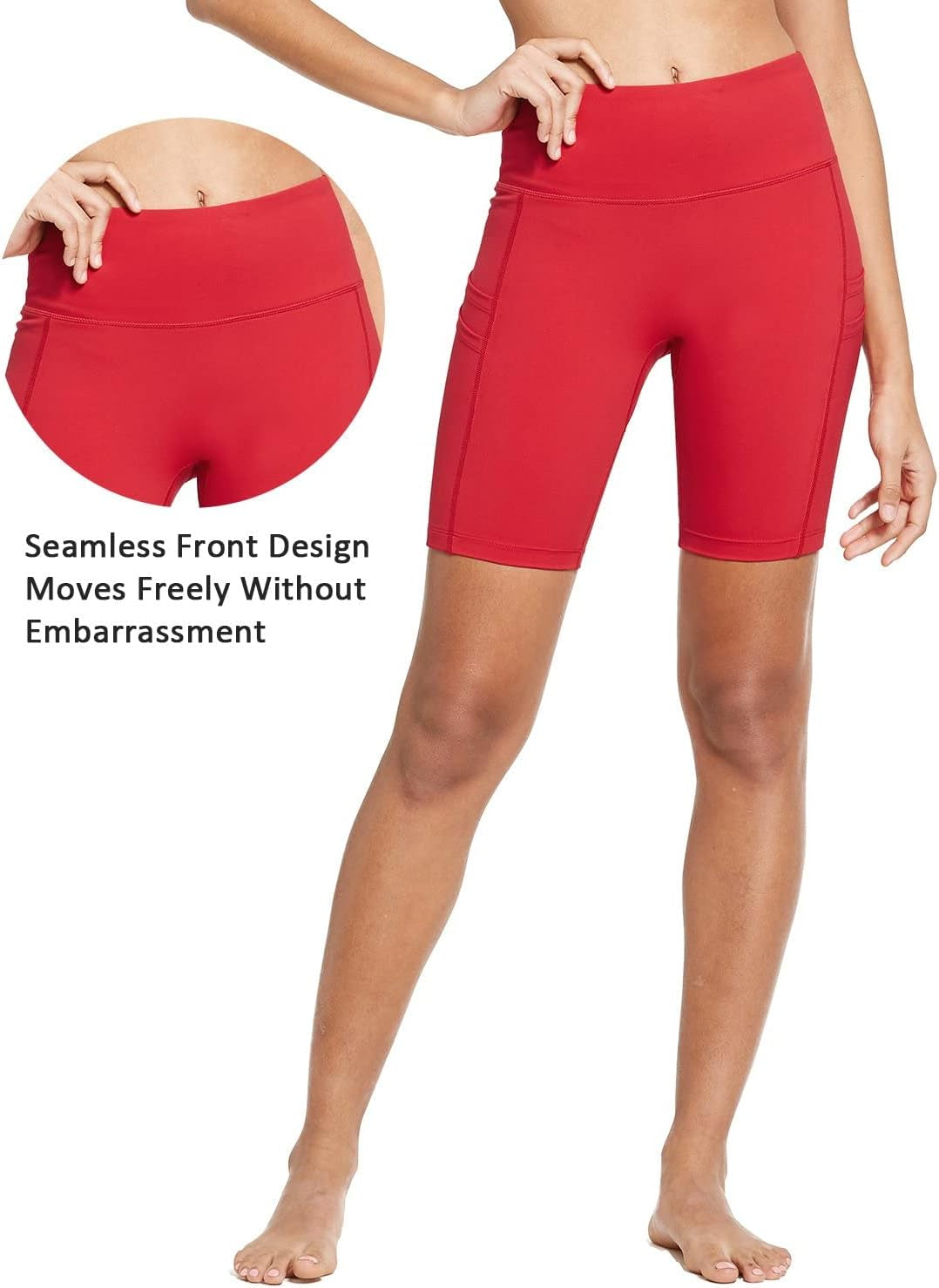 Women'S 8" Biker Shorts Compression High Waist Spandex Yoga Shorts 4 Pockets Workout Athletic Running Gym Shorts Rose Red Size XL