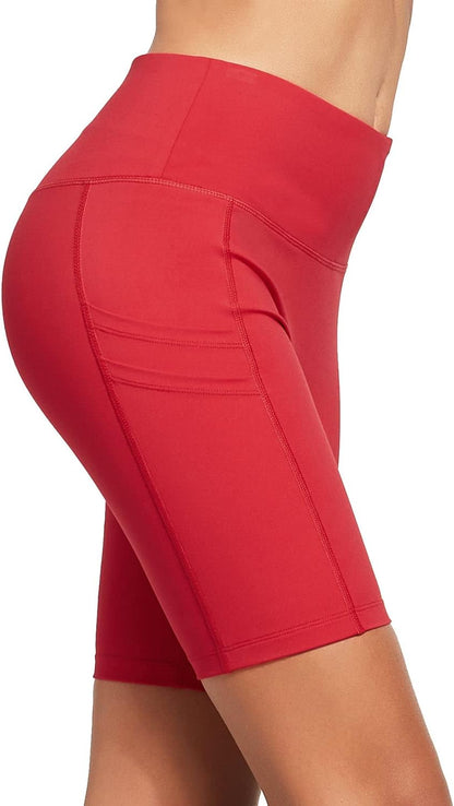 Women'S 8" Biker Shorts Compression High Waist Spandex Yoga Shorts 4 Pockets Workout Athletic Running Gym Shorts Rose Red Size XL