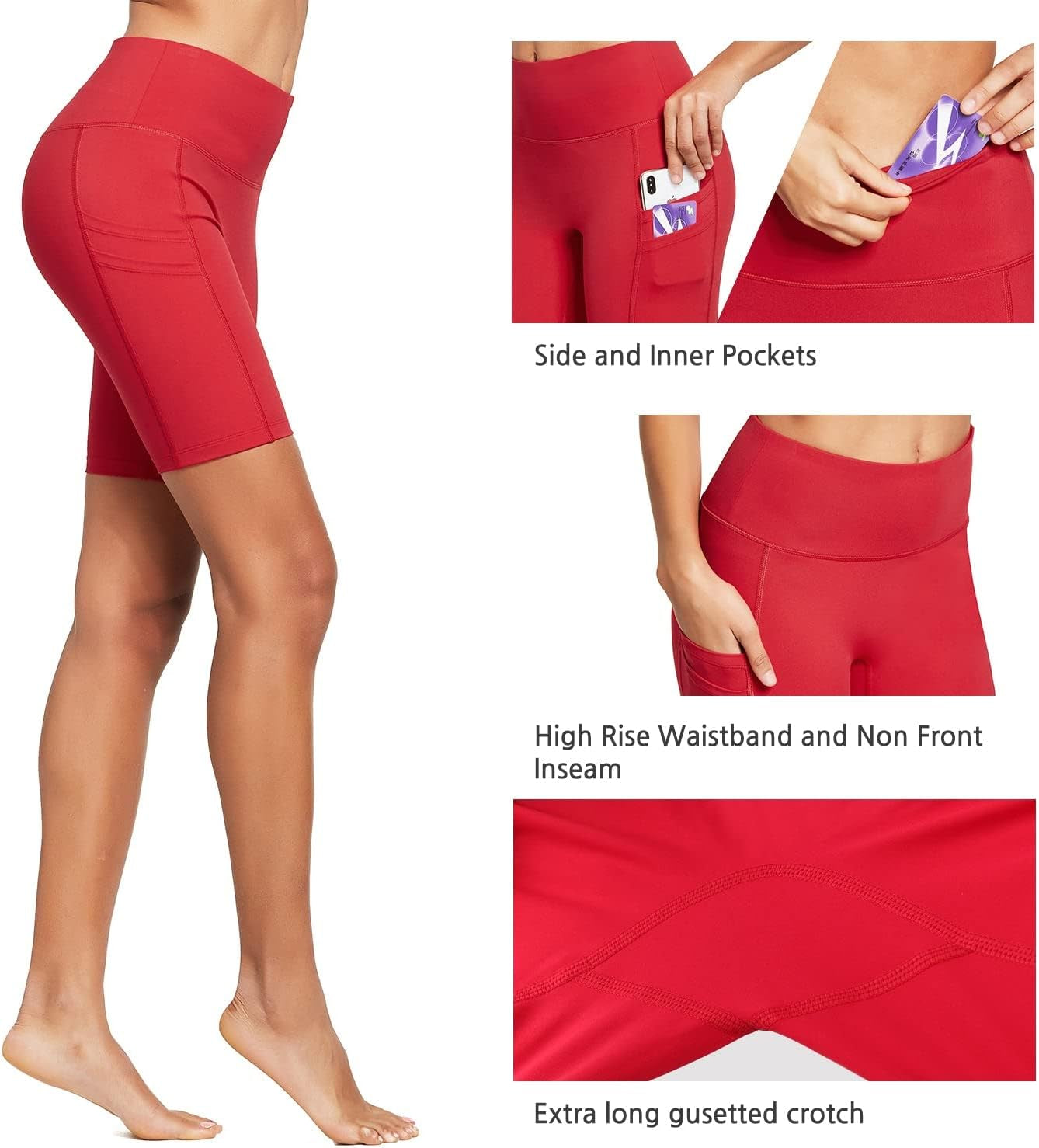 Women'S 8" Biker Shorts Compression High Waist Spandex Yoga Shorts 4 Pockets Workout Athletic Running Gym Shorts Rose Red Size XL