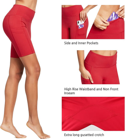 Women'S 8" Biker Shorts Compression High Waist Spandex Yoga Shorts 4 Pockets Workout Athletic Running Gym Shorts Rose Red Size XL