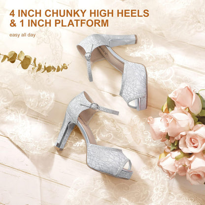 Women'S IN4 Mary Platform Chunky High Heels Sandals Peep Toe Dress Wedding Bridal Shoes for Women Bride Bridesmaid