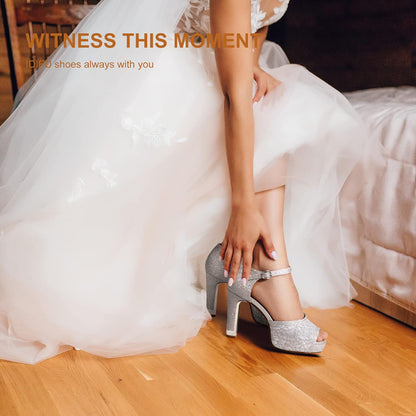 Women'S IN4 Mary Platform Chunky High Heels Sandals Peep Toe Dress Wedding Bridal Shoes for Women Bride Bridesmaid