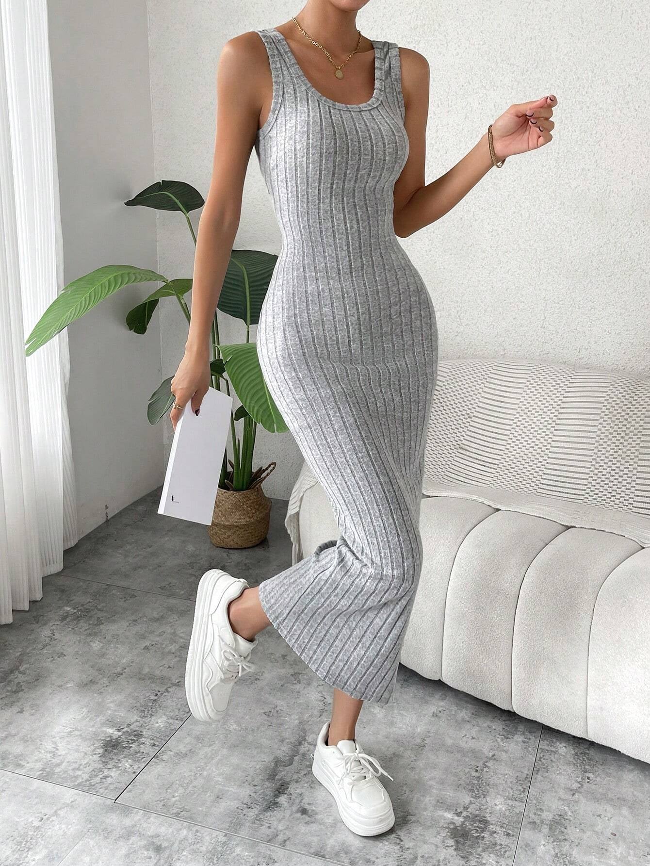 Breezaya Solid Ribbed Knit Tank Dress Maxi Vacation Beach Outfits Women
