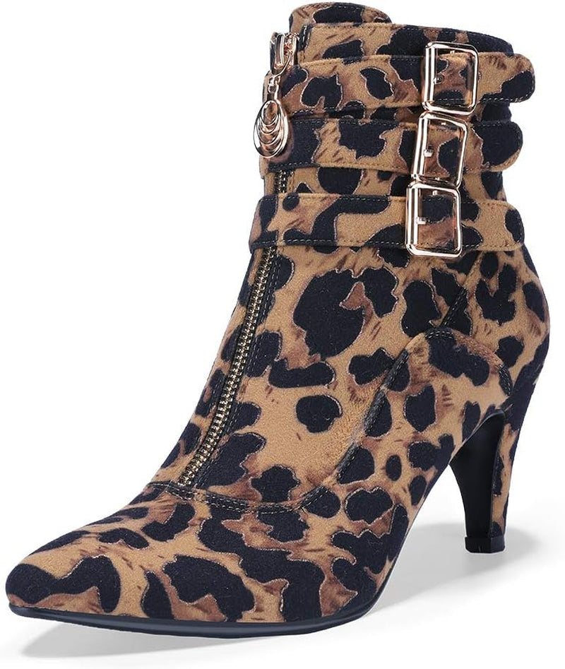 Women'S Buckle Strap Ankle Booties 3 Inch Pointed Toe Zipper Heels Dress Jeans Boots