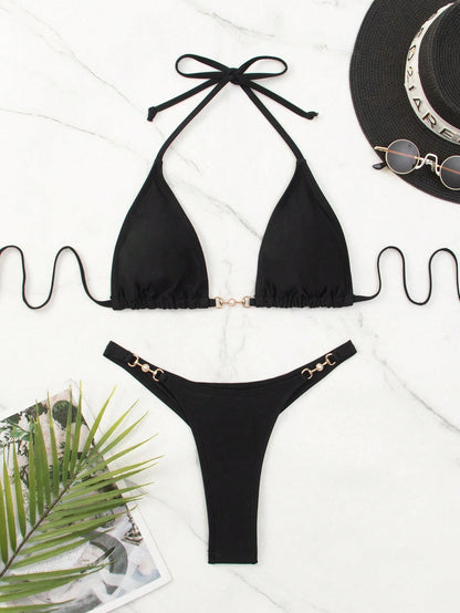 Swim Basics Summer Beach Chain Linked Halter Triangle Bikini Set