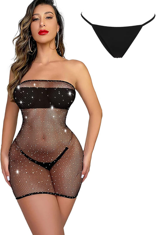 Women'S Sexy Fishnet Bodysuit Rhinestone Mesh Dress Hole Strap Stretch Chemise A-Black